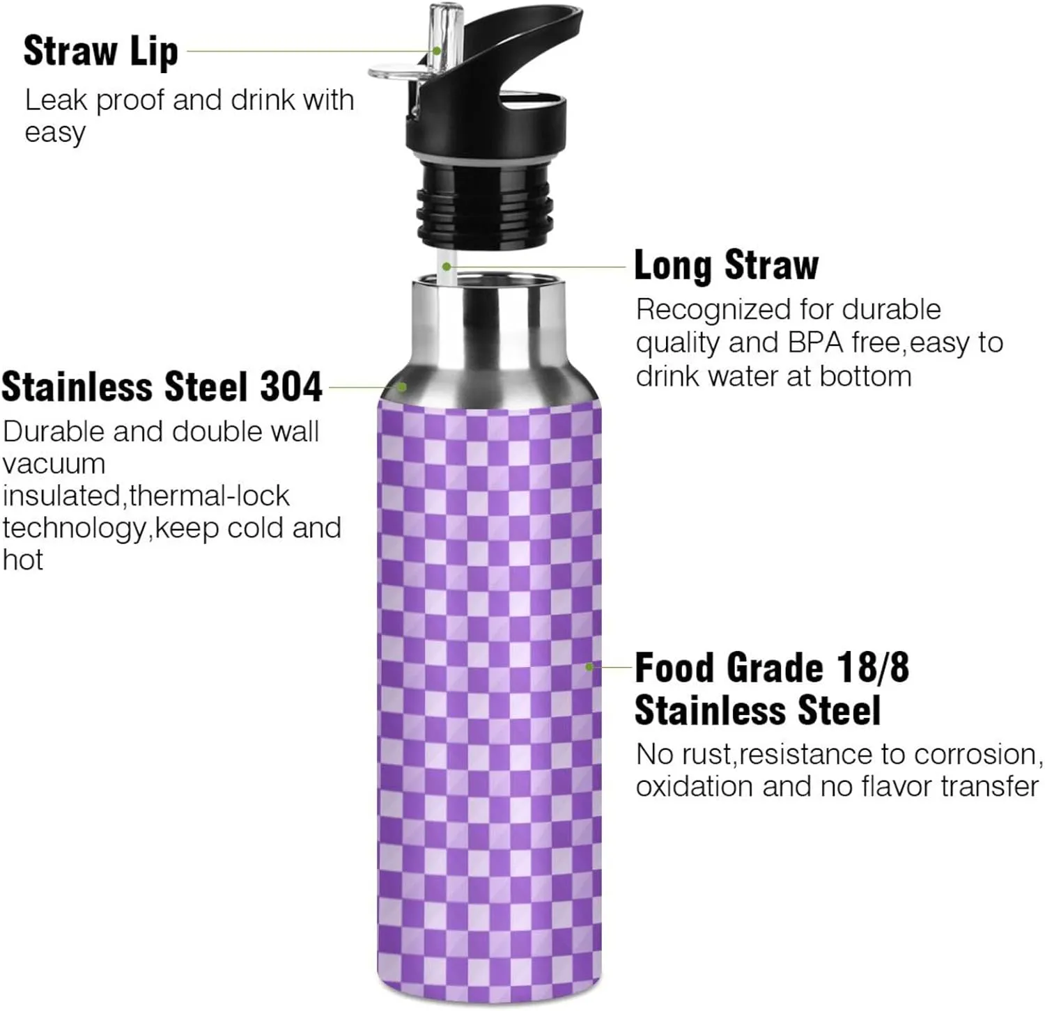 Wusikd Plaid Checkerboard Purple Water Bottle with Straw Lid Double Wall Thermos Bottle Vacuum Insulated Flask Stainless Steel Water Bottle for Gym Outdoor 20 OZ