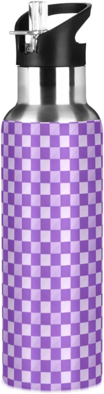 Wusikd Plaid Checkerboard Purple Water Bottle with Straw Lid Double Wall Thermos Bottle Vacuum Insulated Flask Stainless Steel Water Bottle for Gym Outdoor 20 OZ