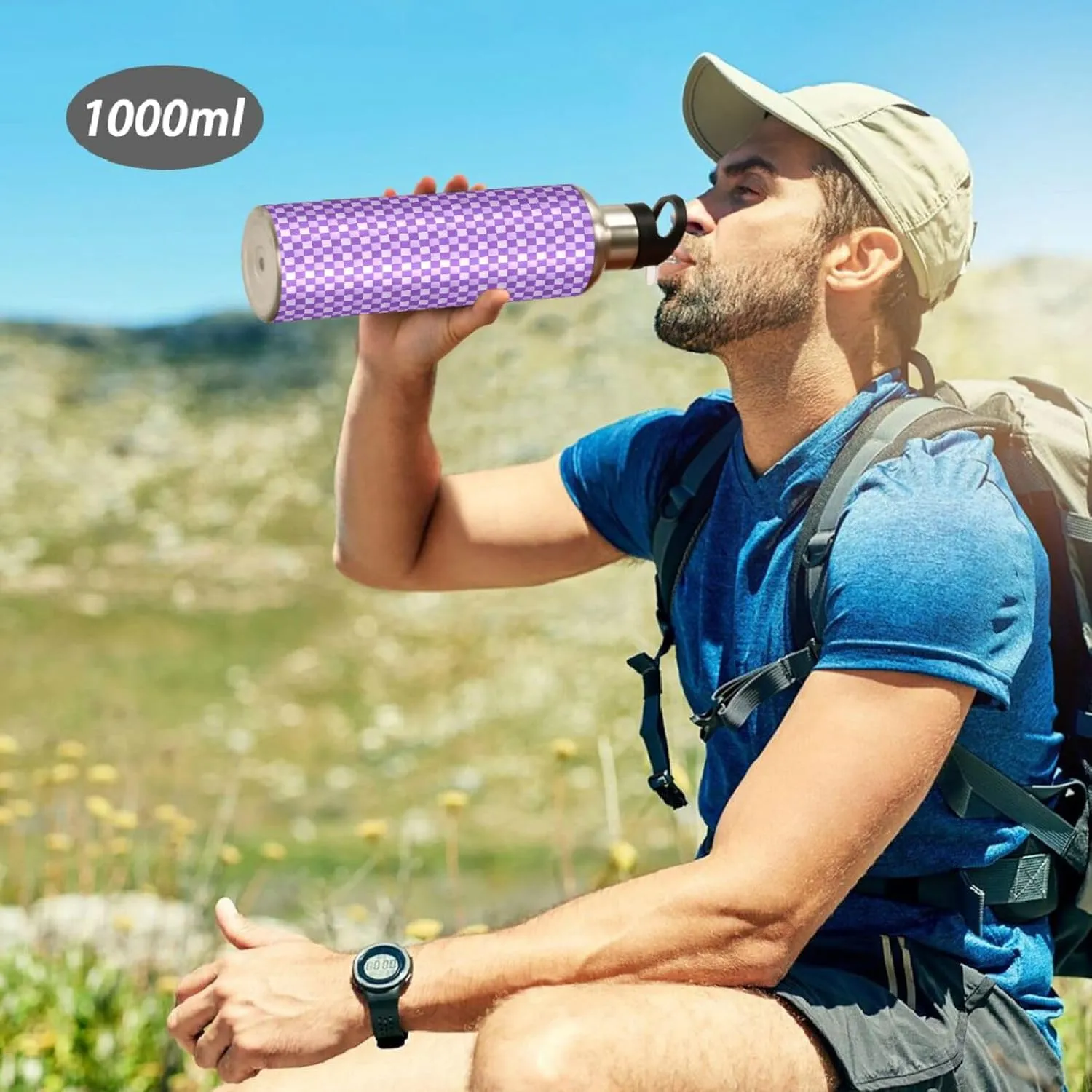 Wusikd Plaid Checkerboard Purple Water Bottle with Straw Lid Double Wall Thermos Bottle Vacuum Insulated Flask Stainless Steel Water Bottle for Gym Outdoor 20 OZ