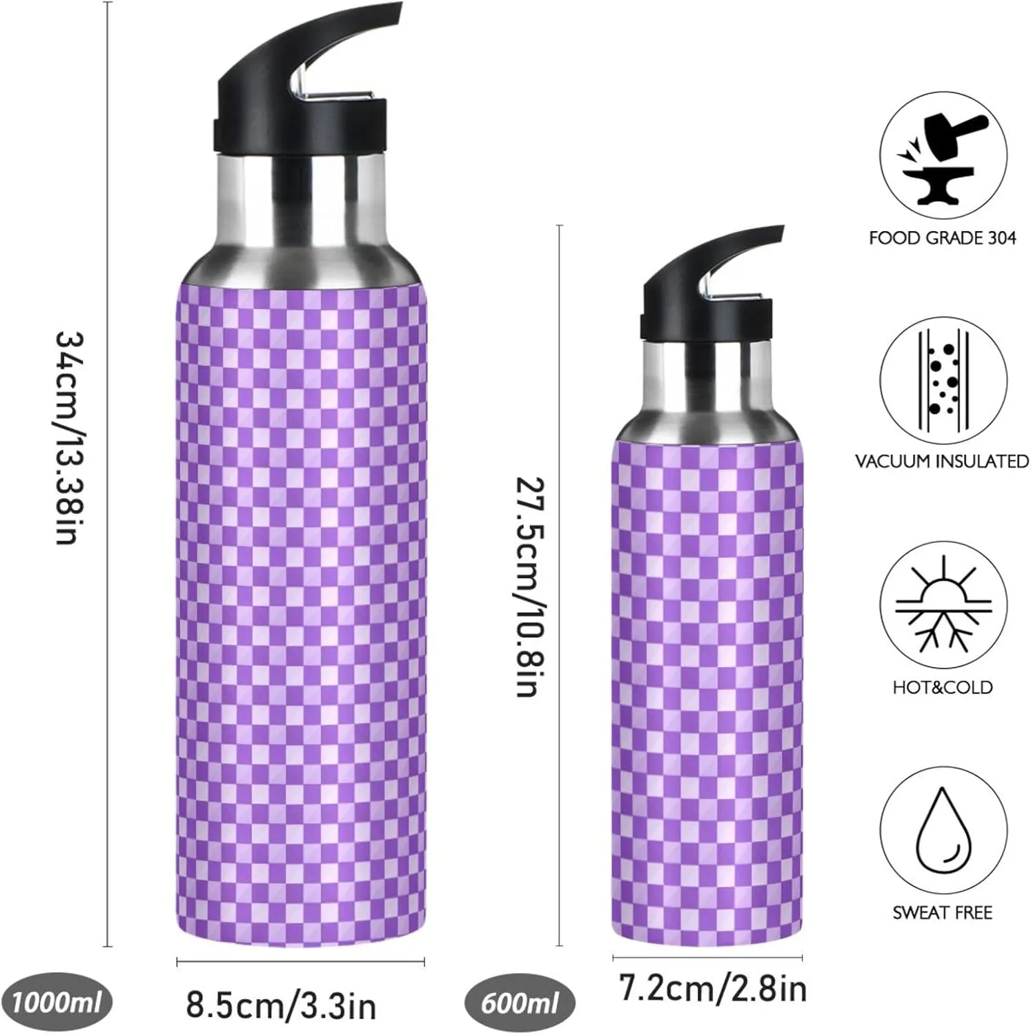 Wusikd Plaid Checkerboard Purple Water Bottle with Straw Lid Double Wall Thermos Bottle Vacuum Insulated Flask Stainless Steel Water Bottle for Gym Outdoor 20 OZ