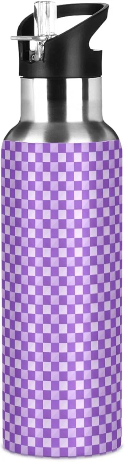 Wusikd Plaid Checkerboard Purple Water Bottle with Straw Lid Double Wall Thermos Bottle Vacuum Insulated Flask Stainless Steel Water Bottle for Gym Outdoor 20 OZ