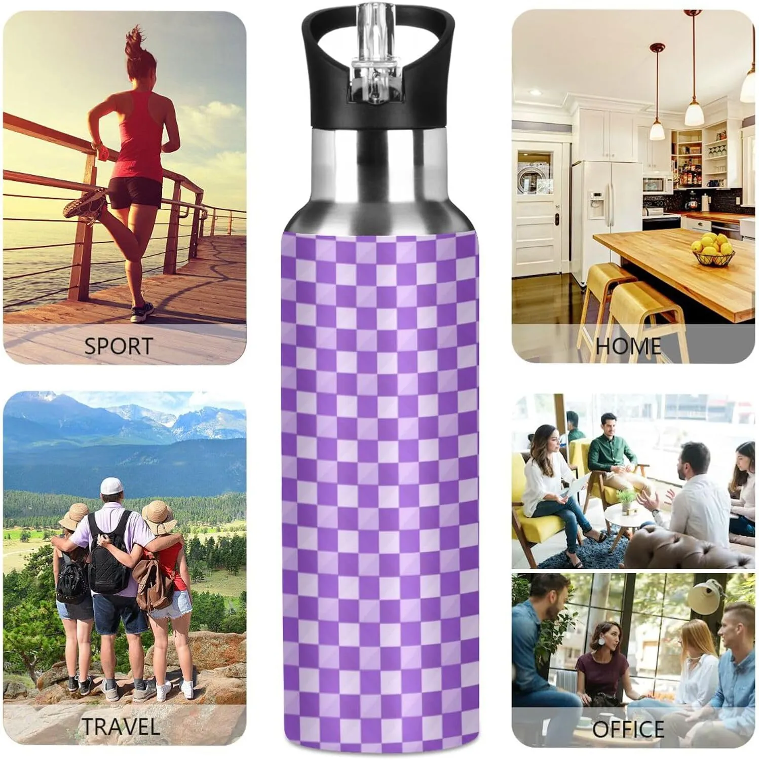 Wusikd Plaid Checkerboard Purple Water Bottle with Straw Lid Double Wall Thermos Bottle Vacuum Insulated Flask Stainless Steel Water Bottle for Gym Outdoor 20 OZ