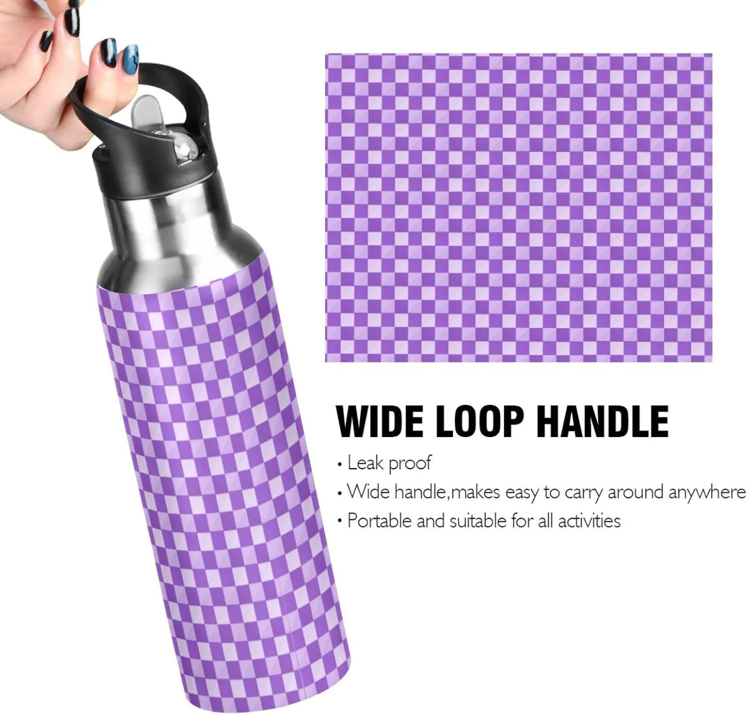 Wusikd Plaid Checkerboard Purple Water Bottle with Straw Lid Double Wall Thermos Bottle Vacuum Insulated Flask Stainless Steel Water Bottle for Gym Outdoor 20 OZ