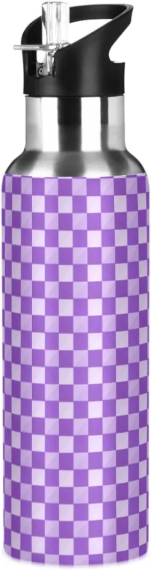 Wusikd Plaid Checkerboard Purple Water Bottle with Straw Lid Double Wall Thermos Bottle Vacuum Insulated Flask Stainless Steel Water Bottle for Gym Outdoor 20 OZ