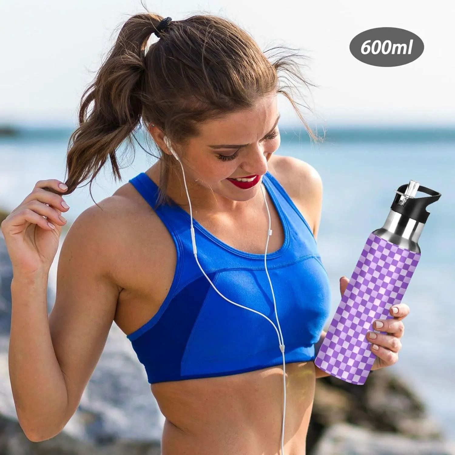 Wusikd Plaid Checkerboard Purple Water Bottle with Straw Lid Double Wall Thermos Bottle Vacuum Insulated Flask Stainless Steel Water Bottle for Gym Outdoor 20 OZ