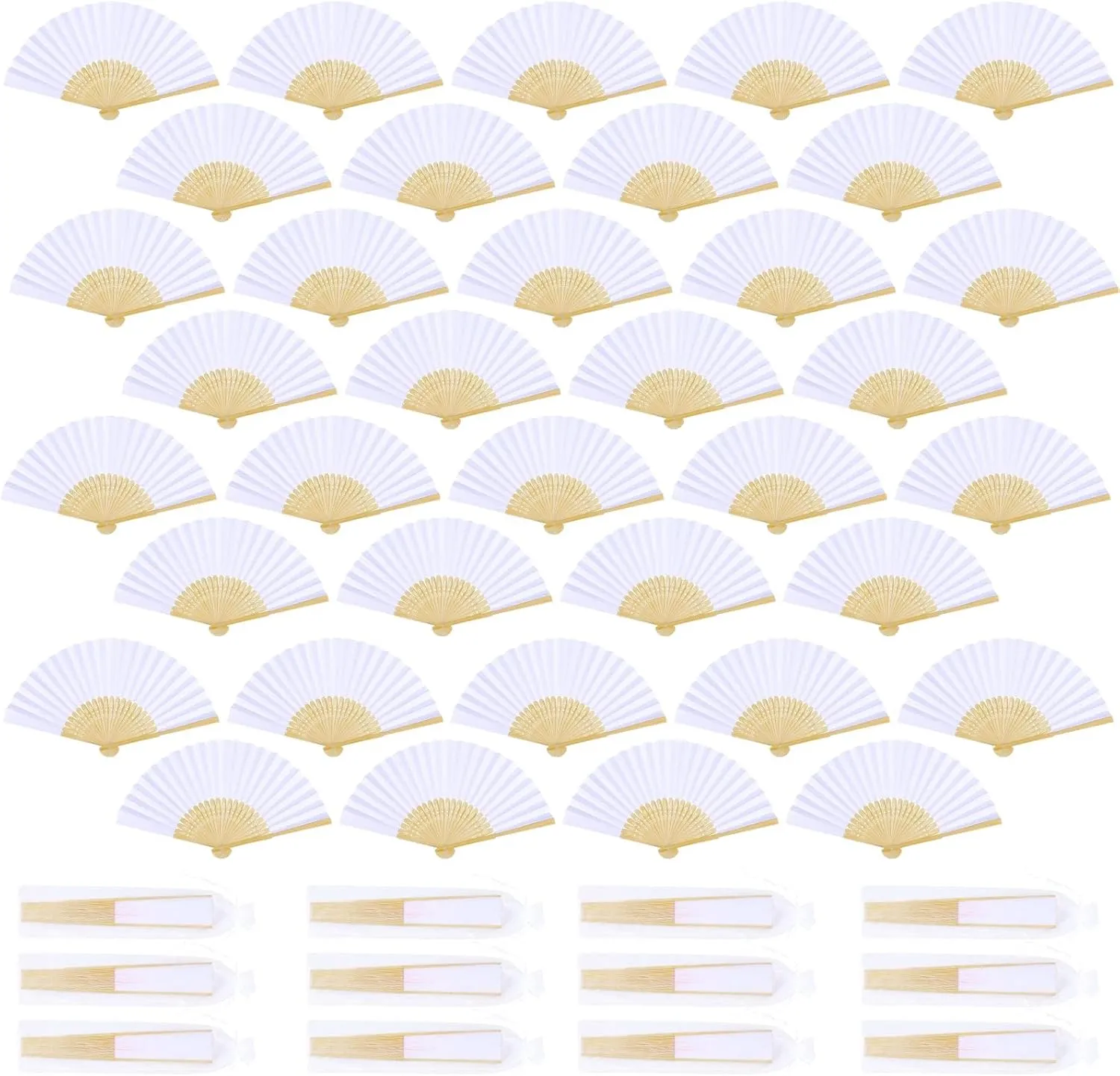 WYTAOHZL 100PCS White Paper Fans Folding Fan with Bags Wooden Fans for Wedding Guests Bridal Party Favor Baby Shower Beach Handheld Wedding Fan Decoration DIY Supplies