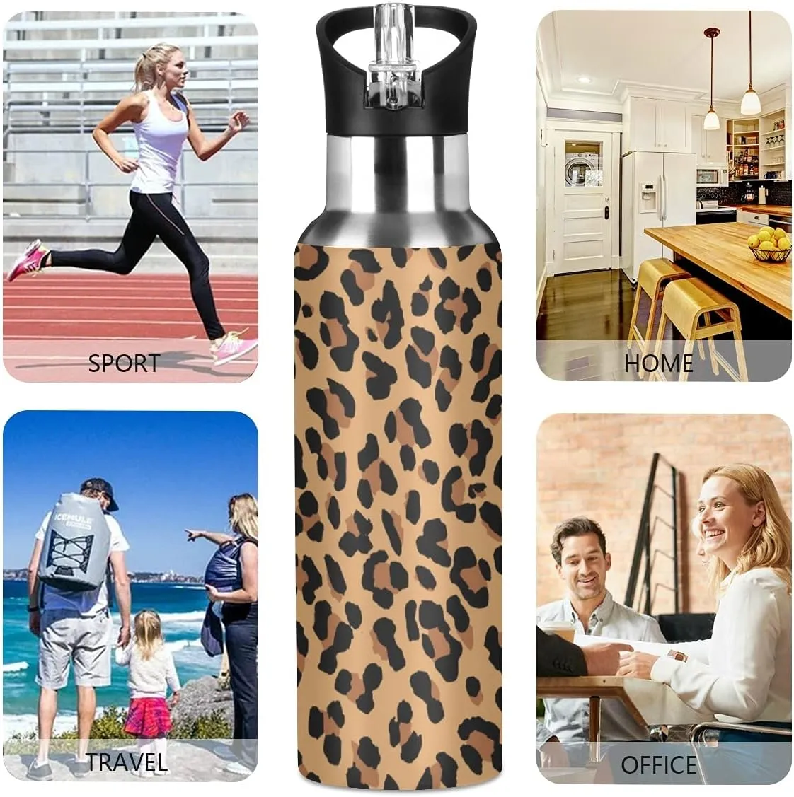 xigua Leopard Sport Water Bottle with Straw Lid Double Wall Vacuum Insulated Flask Stainless Steel Water Bottle 20 oz