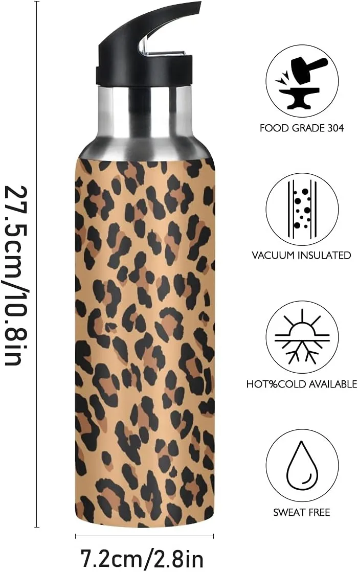 xigua Leopard Sport Water Bottle with Straw Lid Double Wall Vacuum Insulated Flask Stainless Steel Water Bottle 20 oz