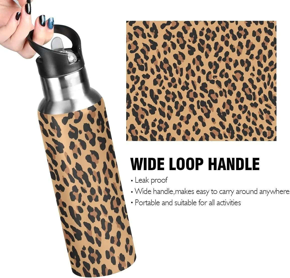 xigua Leopard Sport Water Bottle with Straw Lid Double Wall Vacuum Insulated Flask Stainless Steel Water Bottle 20 oz