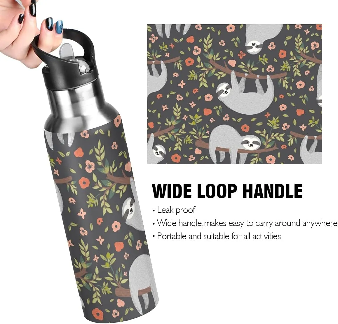 xigua Sloth Sport Water Bottle with Straw Lid Double Wall Vacuum Insulated Flask Stainless Steel Water Bottle 20 oz