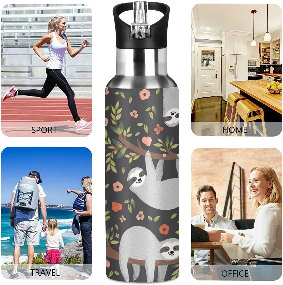 xigua Sloth Sport Water Bottle with Straw Lid Double Wall Vacuum Insulated Flask Stainless Steel Water Bottle 20 oz