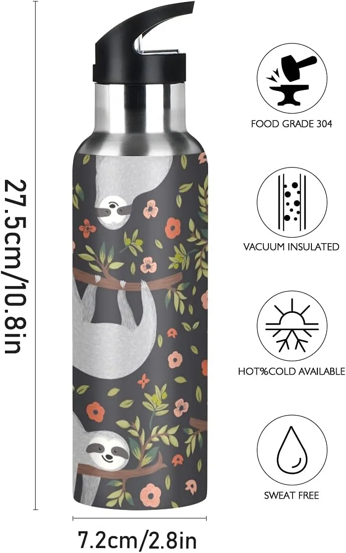 xigua Sloth Sport Water Bottle with Straw Lid Double Wall Vacuum Insulated Flask Stainless Steel Water Bottle 20 oz