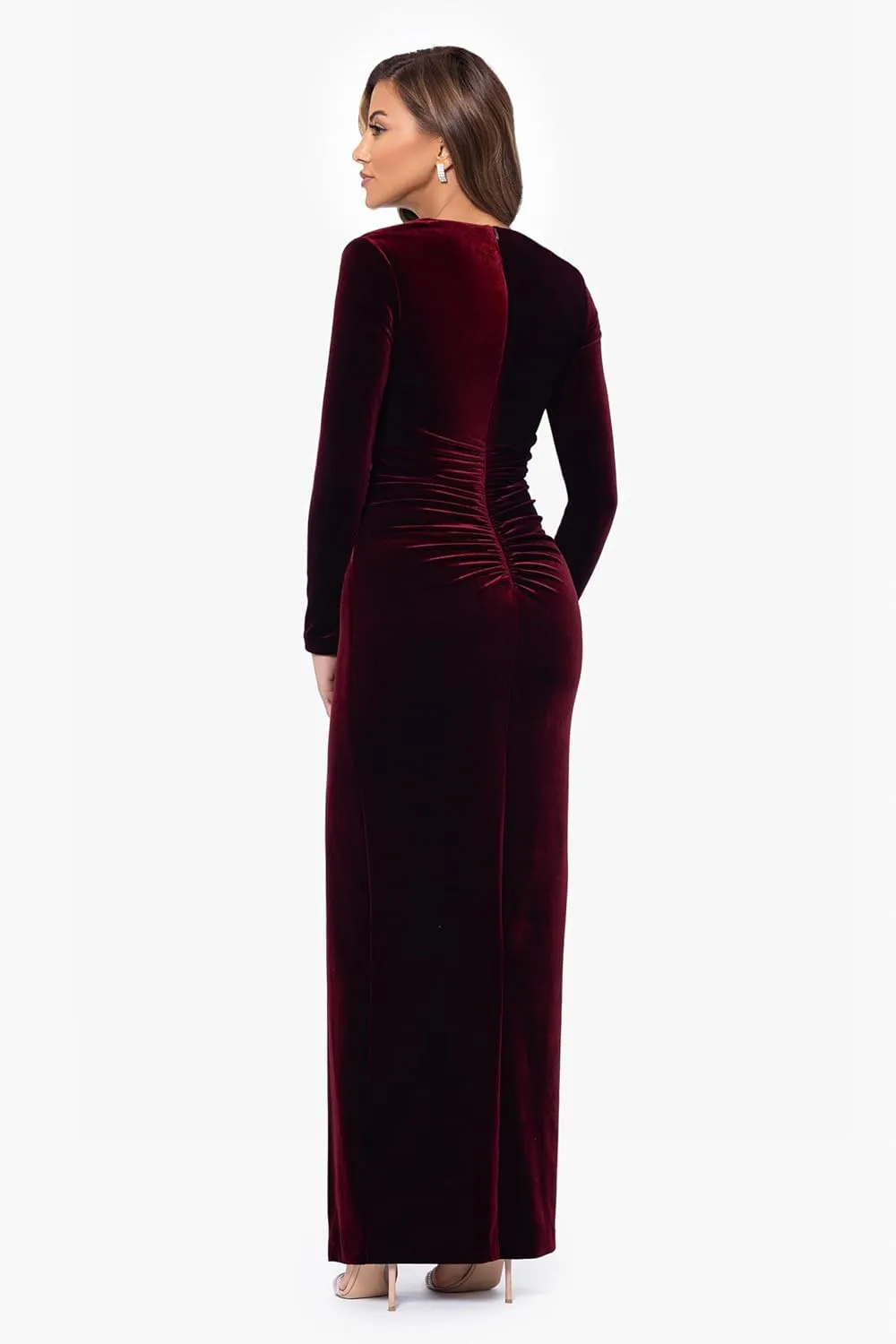 Xscape Women's Velvet Square Neck Dress with Long Sleeves and Side Slit