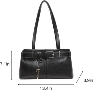 Y2K Shoulder Bag for Women,PU Leather Boston Bag with Key Decoration Belt Buckle for Work and Travel