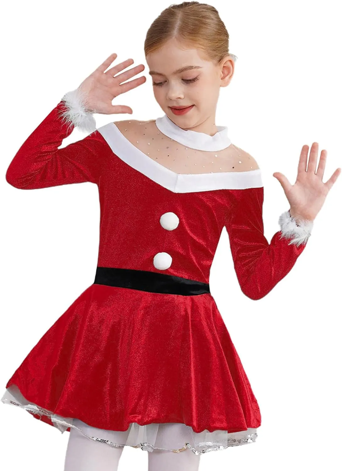 Yartina Girls Christmas Mrs Santa Claus Costume Kids Faux Fur Velvet Dress Dancewear Figure Ice Skating Outfits