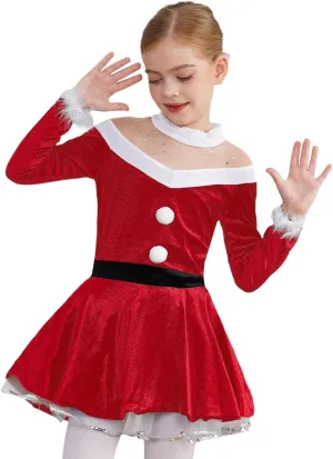 Yartina Girls Christmas Mrs Santa Claus Costume Kids Faux Fur Velvet Dress Dancewear Figure Ice Skating Outfits