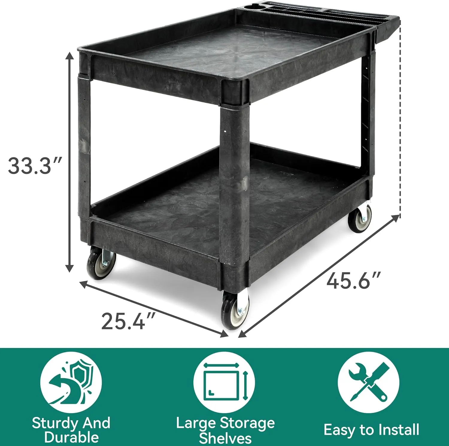 YITAHOME Utility Cart on Wheels, 550 lbs Capacity, 45 x 25 Inch Rolling Work Carts with Wheels, 2 Shelf Heavy Duty Plastic Service Cart Suitable for Warehouse, Garage, School & Office, Cleaning, Black