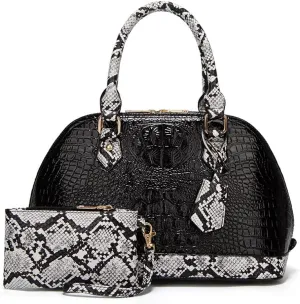 Yohora Women Crocodile Pattern Leather Handbag with Large Capacity Retro Crossbody Shoulder Purse Wallet for Work 2pcs Set
