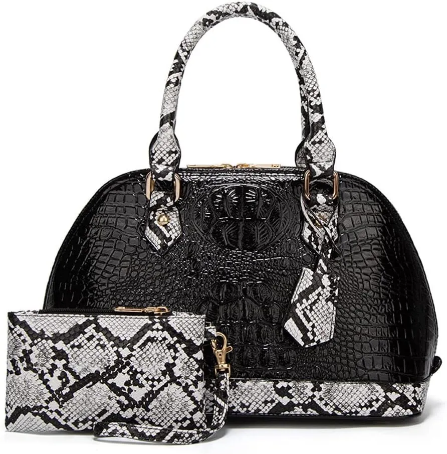 Yohora Women Crocodile Pattern Leather Handbag with Large Capacity Retro Crossbody Shoulder Purse Wallet for Work 2pcs Set