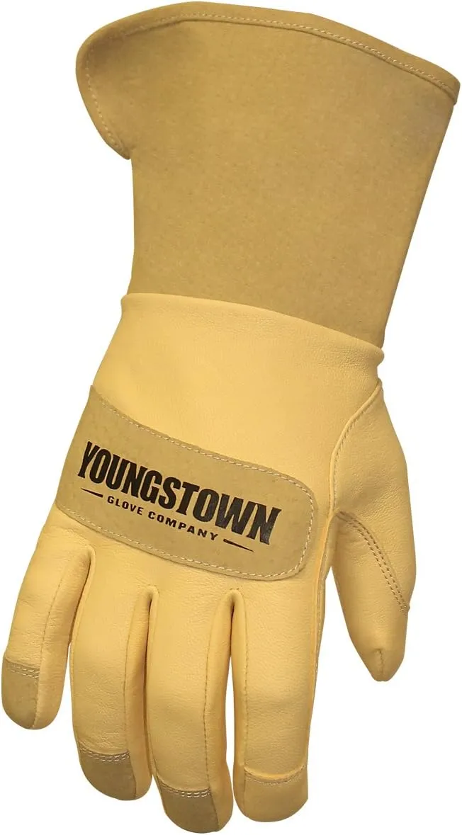 Youngstown Gloves Leather Utility Double Layered Wide Cuff Work Gloves For Men - Puncture Resistant, Arc Rated - Tan
