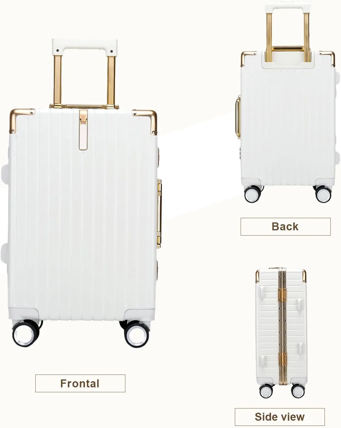 YYW Aluminium Frame PC-Polycarbonate Suitcase Carry On Suitcase, Lightweight Cabin Luggage, PC Hard Shell, Approved by Airlines, TSA Lock, Quiet Wheels (White,20 inch Cabin)