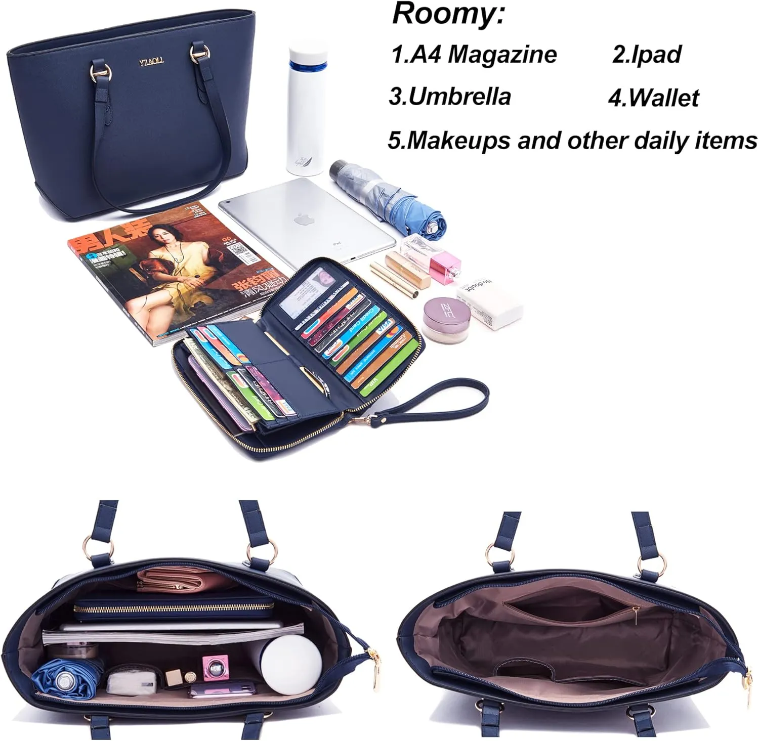 YZAOLL Purses for Women Faux Leather Medium Large Tote Satchel Shoulder Purse Handbag Wallet set