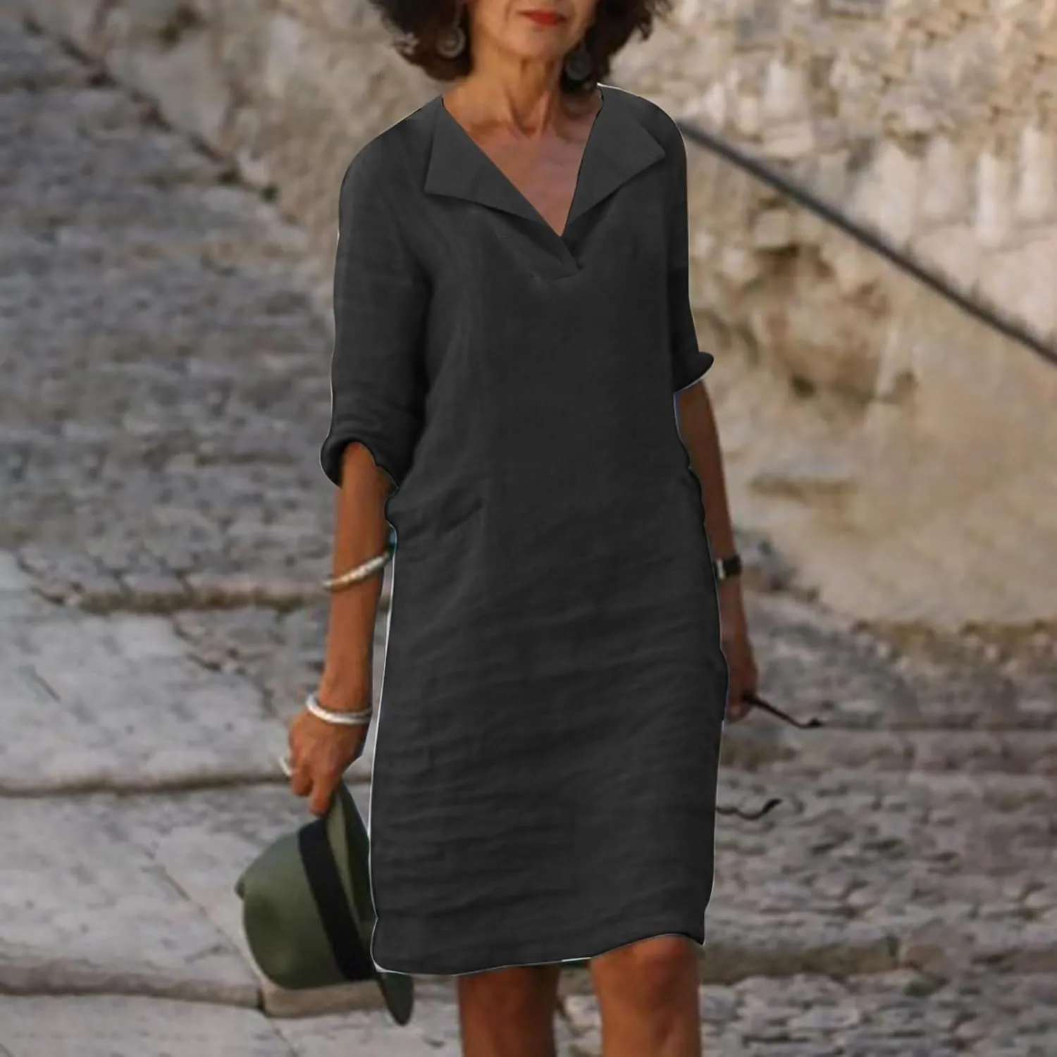 ZDRZK Casual Dresses for Women Lapel V Neck Solid Linen Cotton Summer Dresses Short Sleeve Loose Fit Pullover Dress