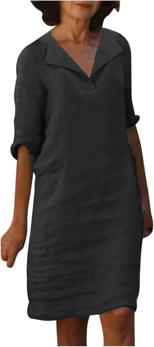 ZDRZK Casual Dresses for Women Lapel V Neck Solid Linen Cotton Summer Dresses Short Sleeve Loose Fit Pullover Dress