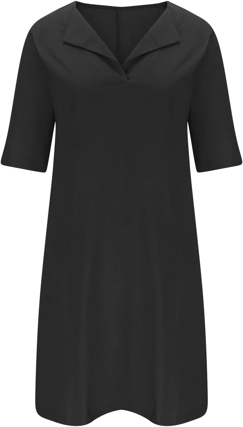 ZDRZK Casual Dresses for Women Lapel V Neck Solid Linen Cotton Summer Dresses Short Sleeve Loose Fit Pullover Dress