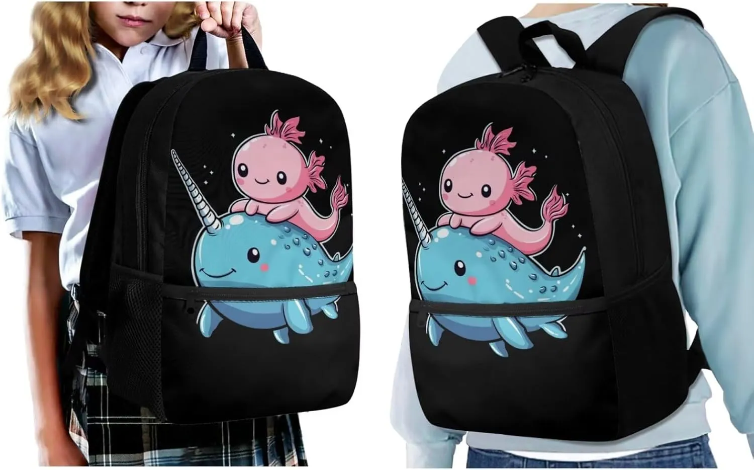ZFRXIGN Axolotl Backpack with Lunchbox Pencil Pouch Cap Sleeve Narwhal Cute Bookbag for Kids Elementary School Bag Boys Girls Shoulder Bag with Front Pockets 4Pcs