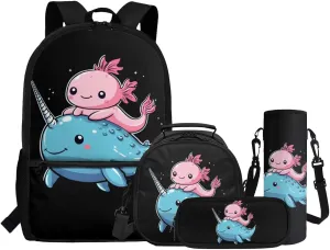 ZFRXIGN Axolotl Backpack with Lunchbox Pencil Pouch Cap Sleeve Narwhal Cute Bookbag for Kids Elementary School Bag Boys Girls Shoulder Bag with Front Pockets 4Pcs