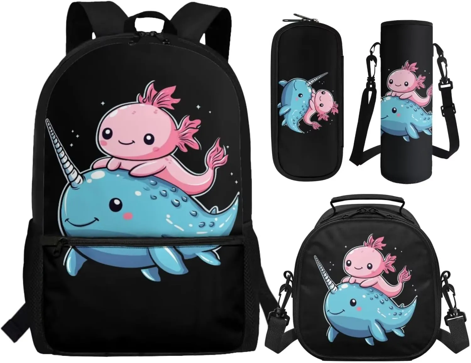 ZFRXIGN Axolotl Backpack with Lunchbox Pencil Pouch Cap Sleeve Narwhal Cute Bookbag for Kids Elementary School Bag Boys Girls Shoulder Bag with Front Pockets 4Pcs