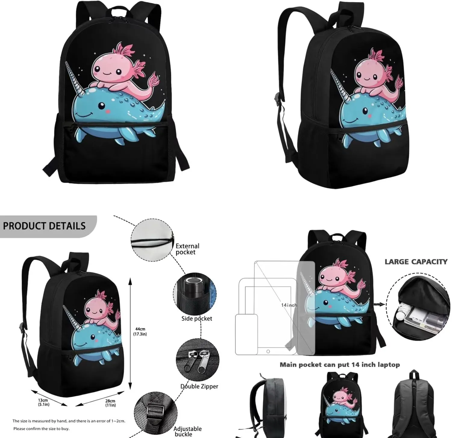 ZFRXIGN Axolotl Backpack with Lunchbox Pencil Pouch Cap Sleeve Narwhal Cute Bookbag for Kids Elementary School Bag Boys Girls Shoulder Bag with Front Pockets 4Pcs