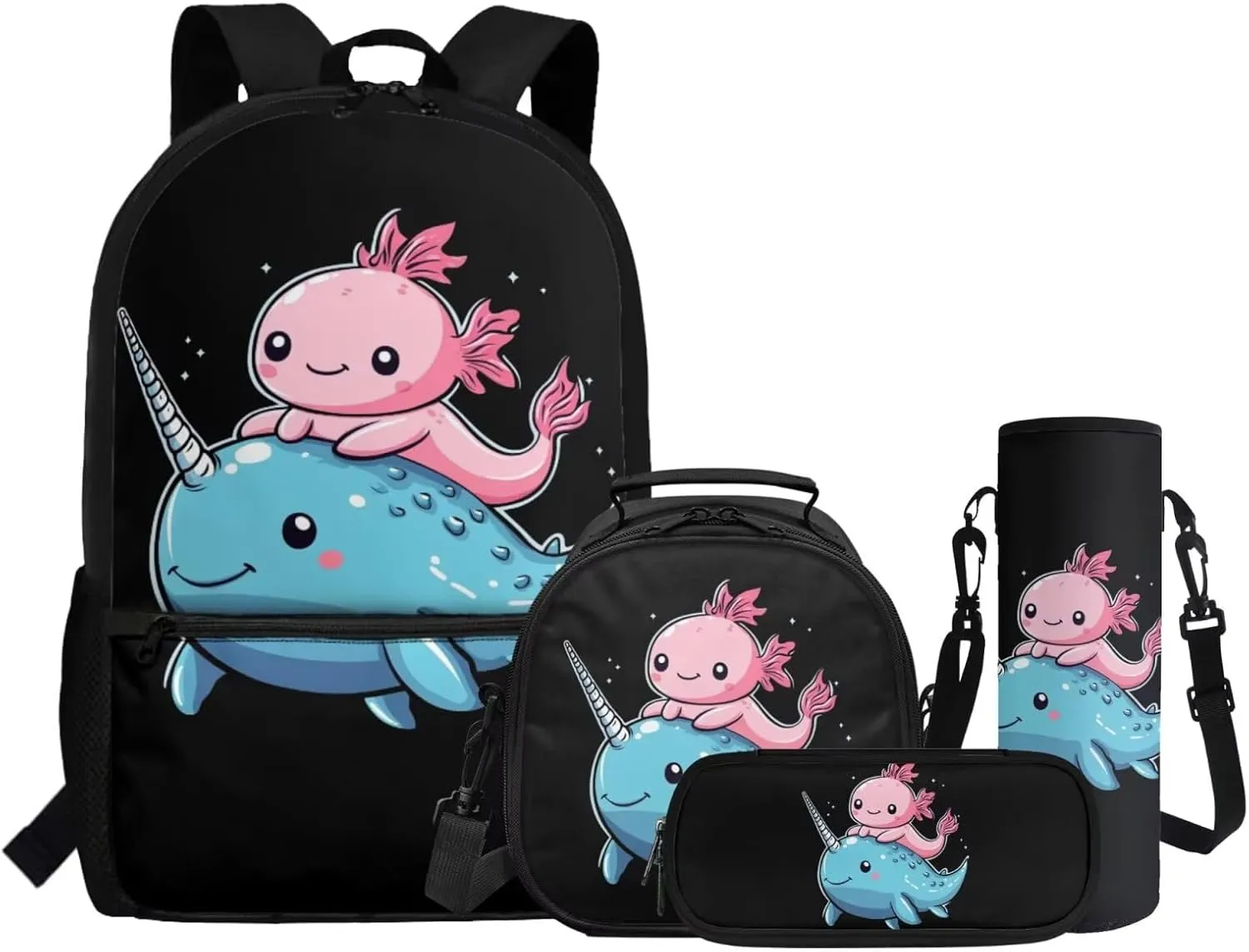 ZFRXIGN Axolotl Backpack with Lunchbox Pencil Pouch Cap Sleeve Narwhal Cute Bookbag for Kids Elementary School Bag Boys Girls Shoulder Bag with Front Pockets 4Pcs