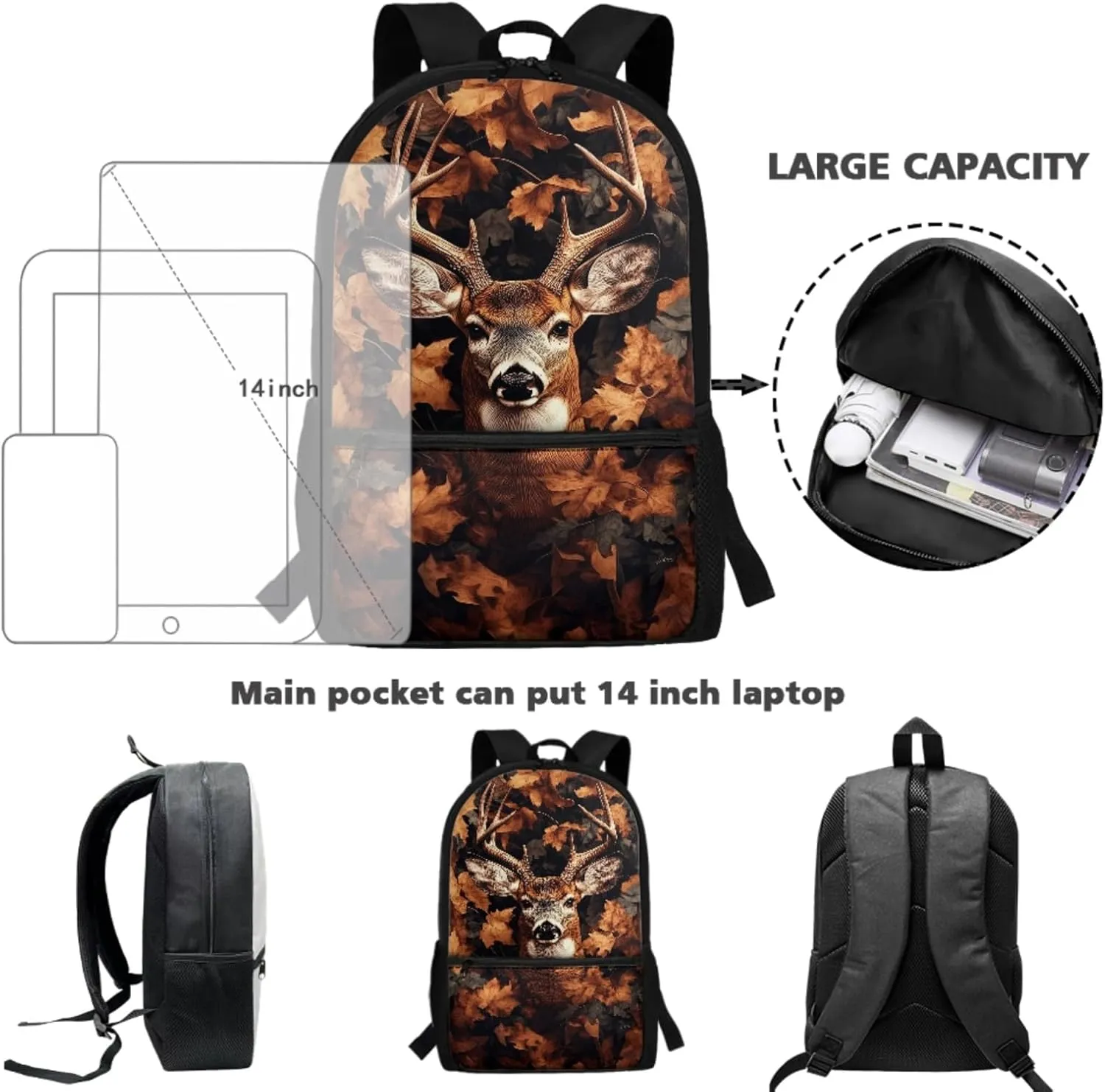 ZFRXIGN Camo Deer Backpack for Girls Back to School Bookbag with Lunch Box Pencil Case Toddler Elementary Travel 3 pack School Bag Sets Hunting Forest Brown