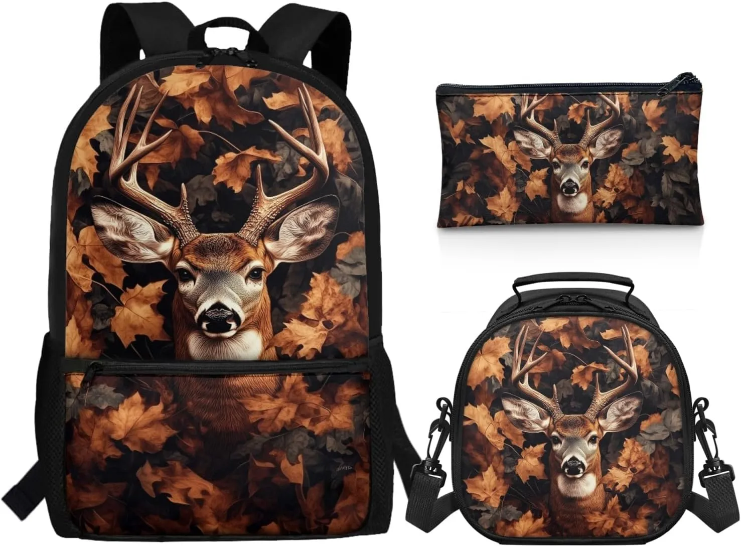 ZFRXIGN Camo Deer Backpack for Girls Back to School Bookbag with Lunch Box Pencil Case Toddler Elementary Travel 3 pack School Bag Sets Hunting Forest Brown