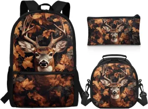 ZFRXIGN Camo Deer Backpack for Girls Back to School Bookbag with Lunch Box Pencil Case Toddler Elementary Travel 3 pack School Bag Sets Hunting Forest Brown