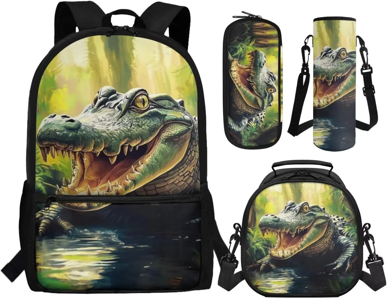 ZFRXIGN Crocodile Backpack for School for Boys Cool Bookbag with Lunch Box Pencil Case and Water Bottle Sleeve Teenager Book Back Pack Large Capacity Sport Travel Satchel Green