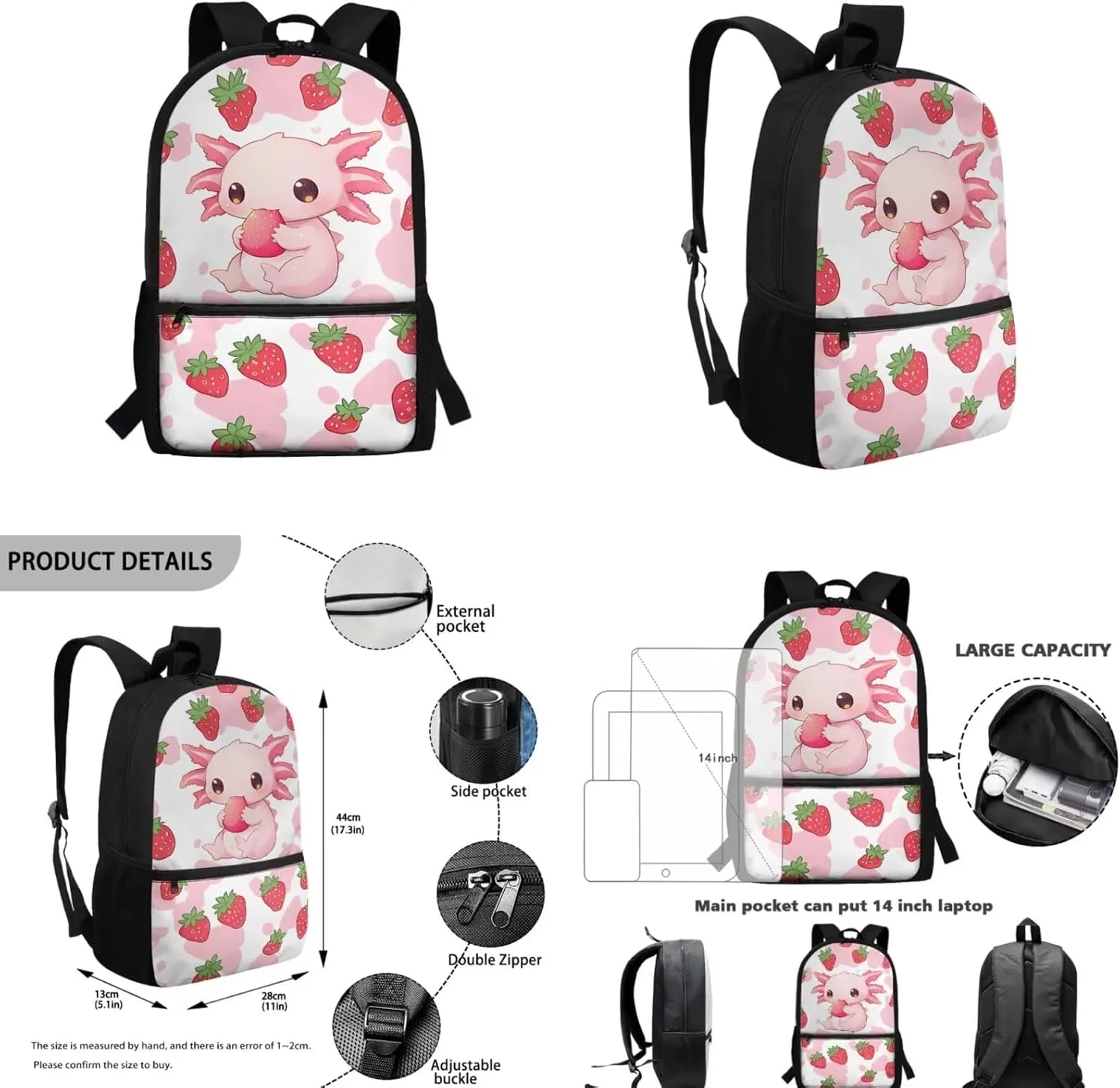 ZFRXIGN Strawberry Axolotl Backpack for Girls Back to School Cute Bookbag with Lunch Box Pencil Case Cap Sleeve Toddler Elementary Travel Sport Outdoor 4 pack School Bag Sets