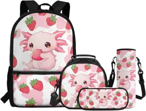 ZFRXIGN Strawberry Axolotl Backpack for Girls Back to School Cute Bookbag with Lunch Box Pencil Case Cap Sleeve Toddler Elementary Travel Sport Outdoor 4 pack School Bag Sets