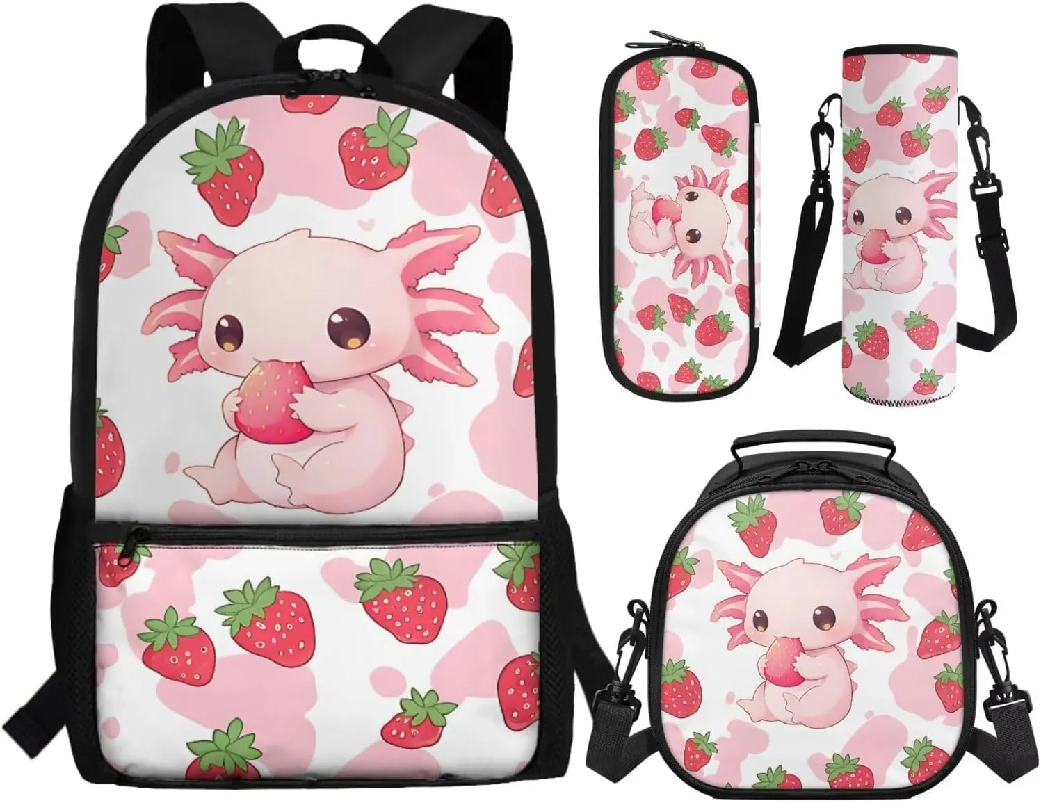 ZFRXIGN Strawberry Axolotl Backpack for Girls Back to School Cute Bookbag with Lunch Box Pencil Case Cap Sleeve Toddler Elementary Travel Sport Outdoor 4 pack School Bag Sets