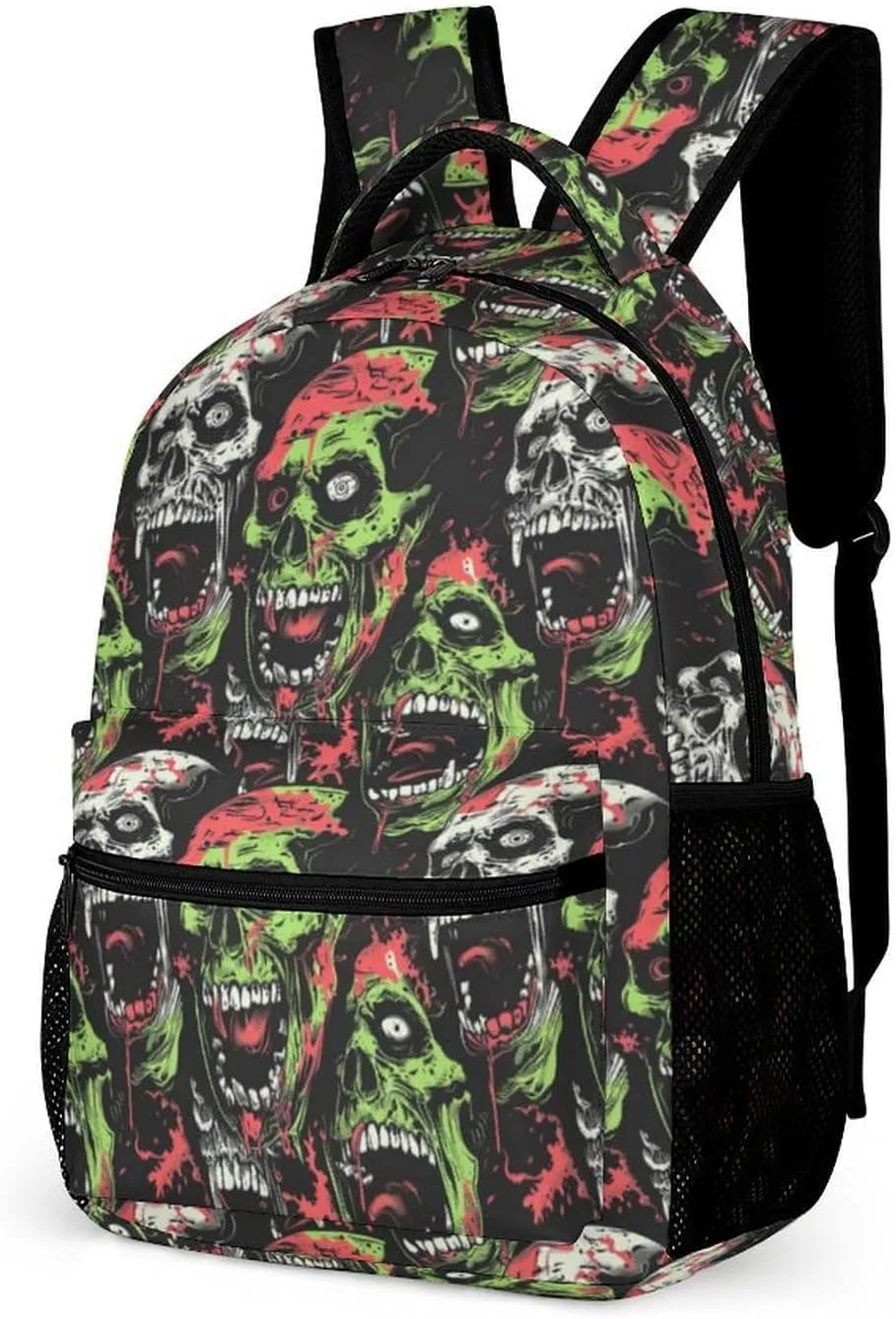 Zombie Backpack for Kids Girls Boys School, 16 Inches Scary Zombies Theme Bookbag, Adjustable, Lightweight, Large Capacity, Colorful Haunted Horror Backpack