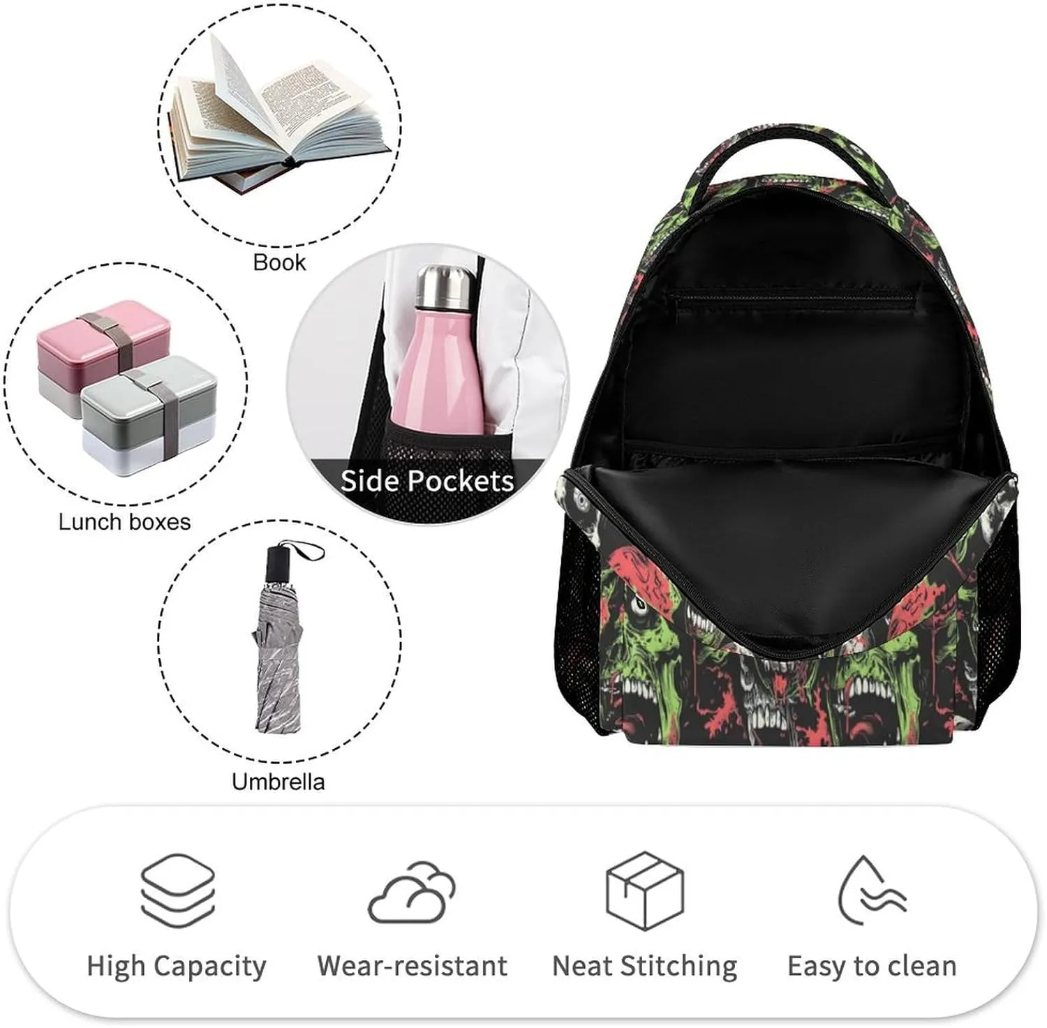 Zombie Backpack for Kids Girls Boys School, 16 Inches Scary Zombies Theme Bookbag, Adjustable, Lightweight, Large Capacity, Colorful Haunted Horror Backpack