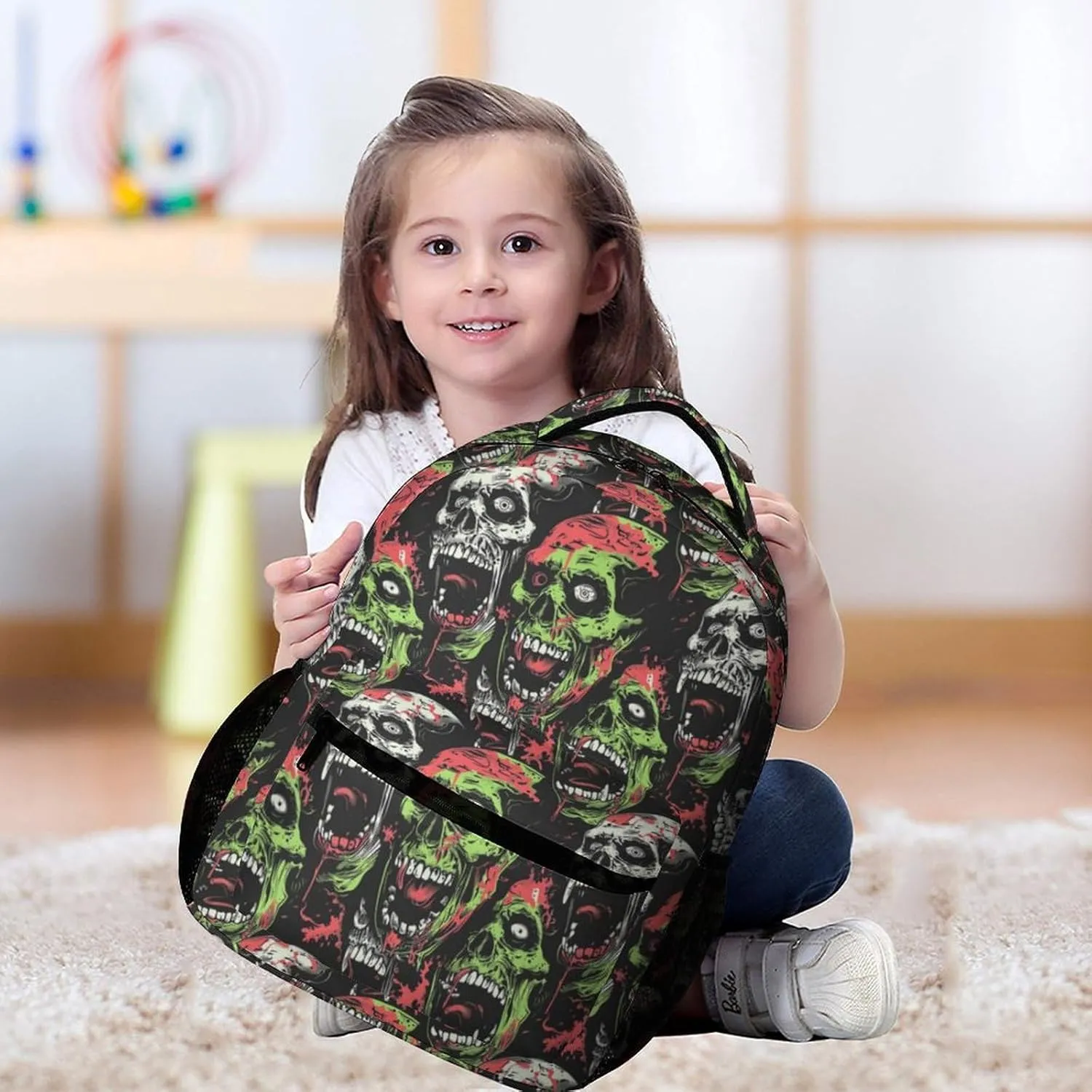 Zombie Backpack for Kids Girls Boys School, 16 Inches Scary Zombies Theme Bookbag, Adjustable, Lightweight, Large Capacity, Colorful Haunted Horror Backpack