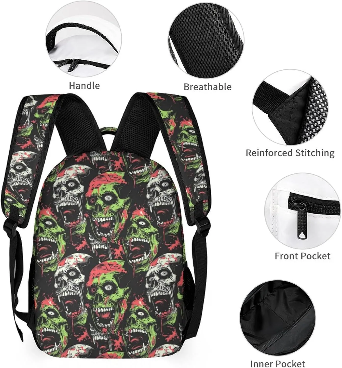 Zombie Backpack for Kids Girls Boys School, 16 Inches Scary Zombies Theme Bookbag, Adjustable, Lightweight, Large Capacity, Colorful Haunted Horror Backpack