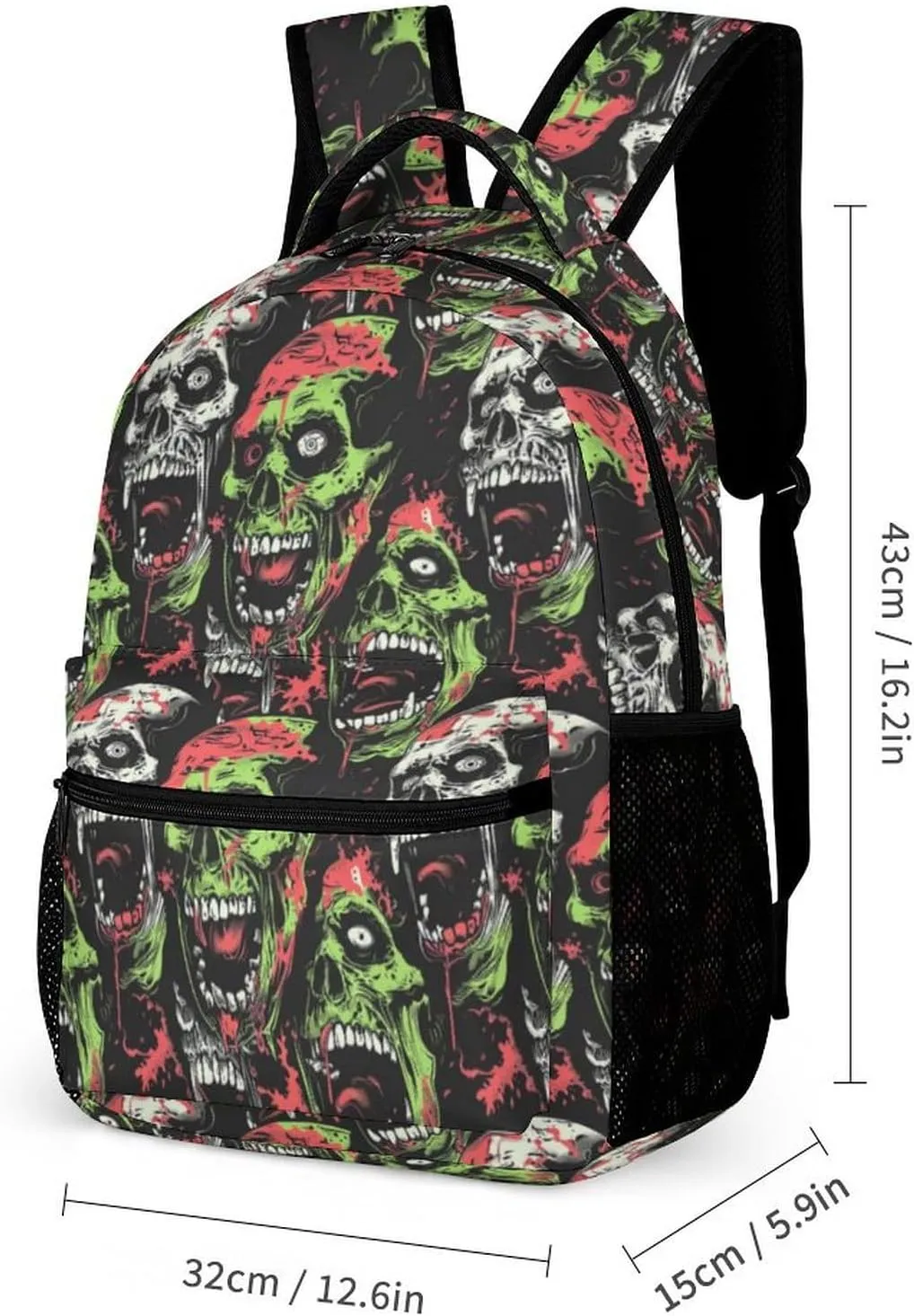 Zombie Backpack for Kids Girls Boys School, 16 Inches Scary Zombies Theme Bookbag, Adjustable, Lightweight, Large Capacity, Colorful Haunted Horror Backpack
