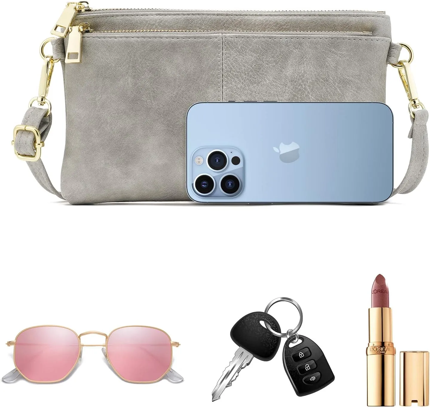 ZOOEASS Triple Zip Small Crossbody Bag Lightweight Purses Vegan Leather Wristlet Clutch, Includes Adjustable Shoulder