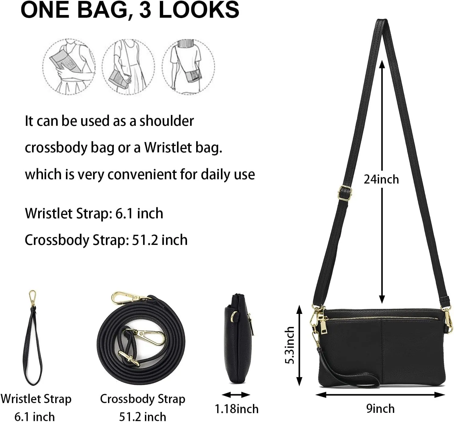 ZOOEASS Triple Zip Small Crossbody Bag Lightweight Purses Vegan Leather Wristlet Clutch, Includes Adjustable Shoulder