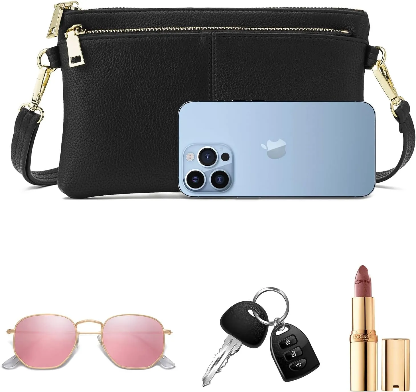ZOOEASS Triple Zip Small Crossbody Bag Lightweight Purses Vegan Leather Wristlet Clutch, Includes Adjustable Shoulder