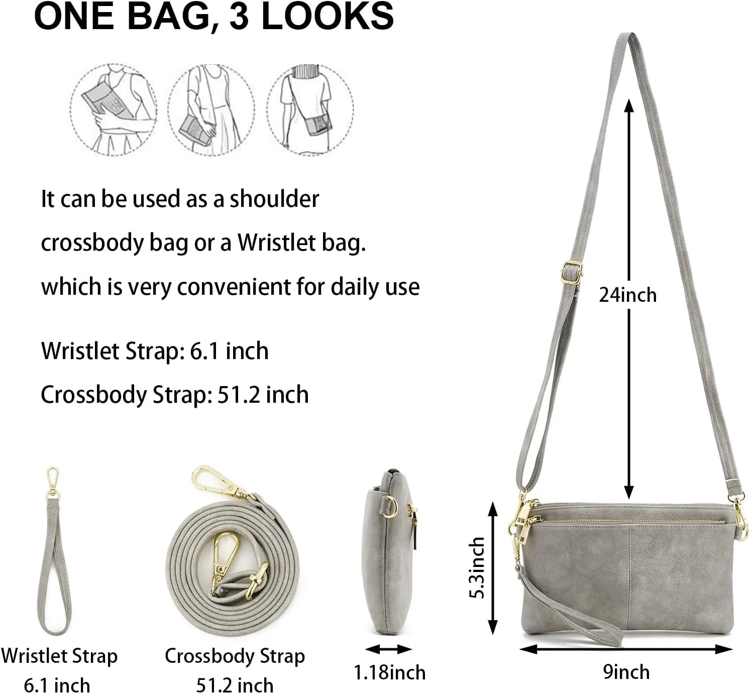 ZOOEASS Triple Zip Small Crossbody Bag Lightweight Purses Vegan Leather Wristlet Clutch, Includes Adjustable Shoulder